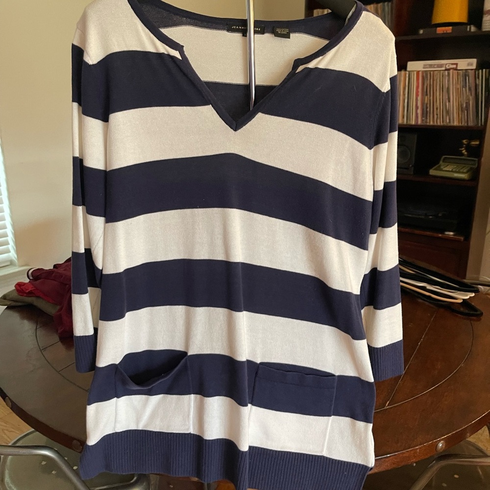 Navy and White Striped Women's Top lightweight thin sweater material